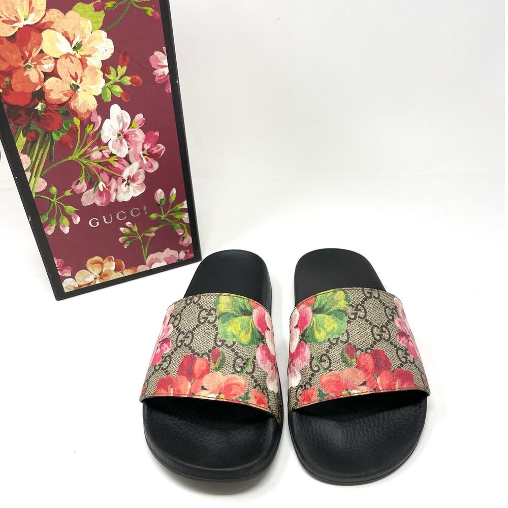 Gucci GG Blooms Supreme Floral Slide Slip On Rubber Sandals Flats EU 37